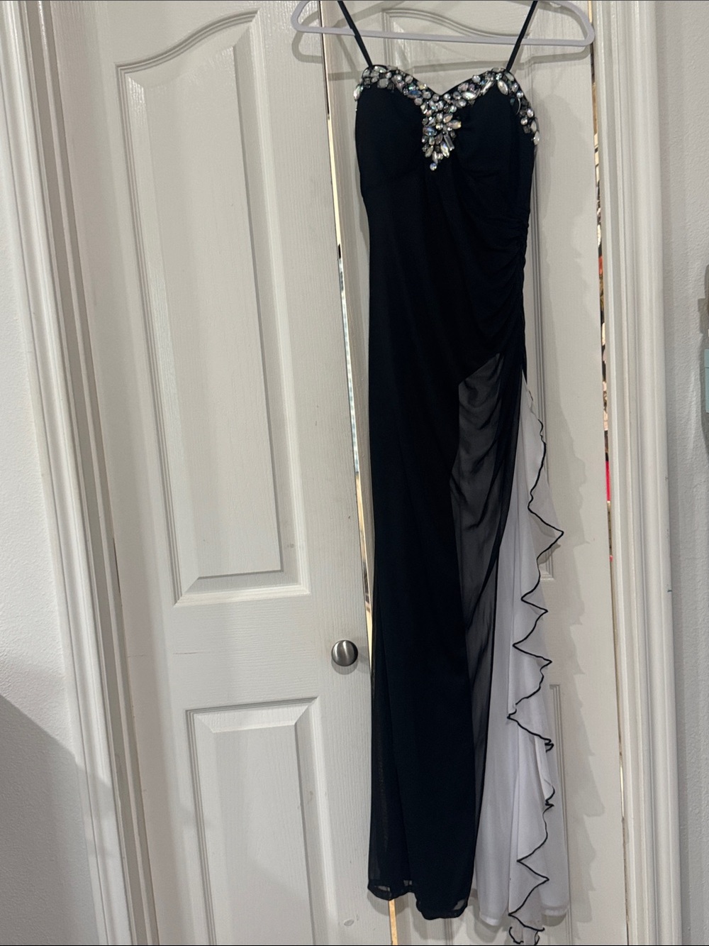Blondie Nites Black Strapless Evening Gown with Crystal Embellishment